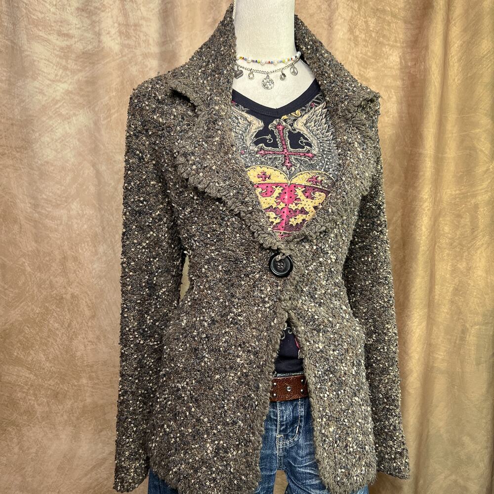 Textured Puffy Cardigan Sweater Open Front Gray Brown Vintage 90s Boho Grunge